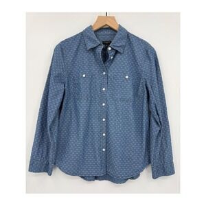 Talbots Shirt Womens Medium Petite Blue Geometric Denim Chambray Button Cotton